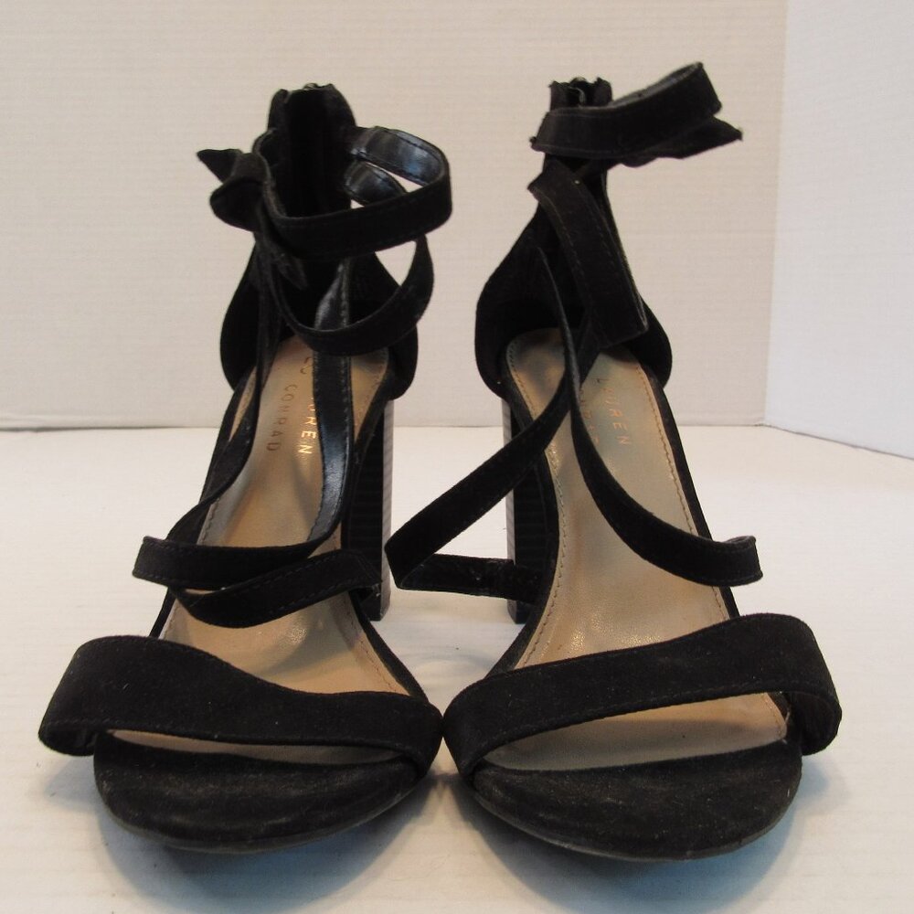 Lauren Conrad Walnut Strappy Back Zip Open Toe Block Heel Sandals Black Size 6.5 - Picture 2 of 10